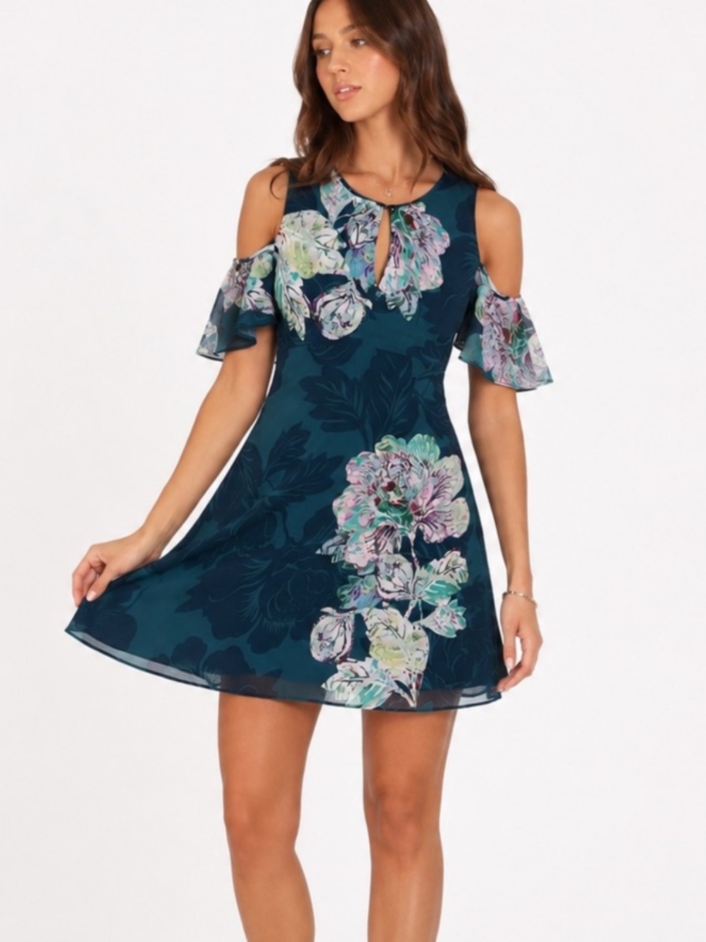 Anthropologie Maeve Sz 2 Cold Shoulder Dress Ella Flare Blue Floral Boho Keyhole